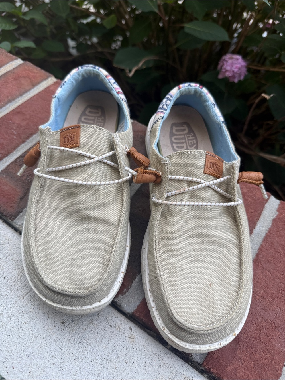 Hey Dude Kids Beige Canvas Slip-On Loafers with Tan Accents